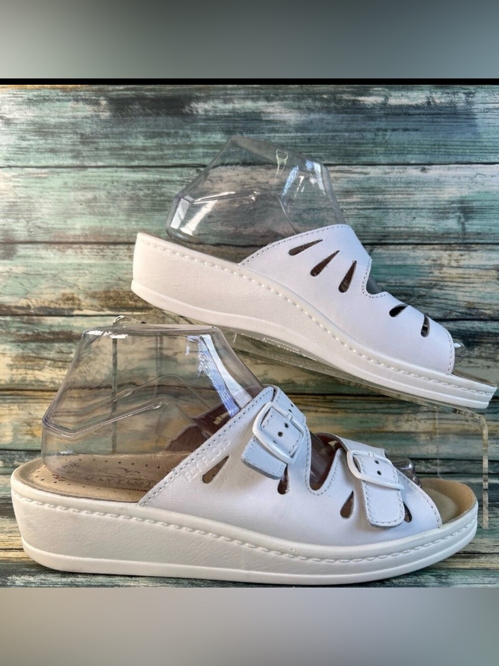 Fly Flot Womens Slingback Slide Sandals Size 9.5-10 White Leather Wedge Comfort